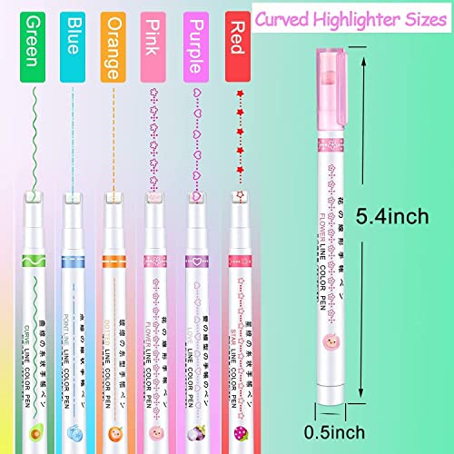 HUBTURE Curve Highlighter Pen | 6 Different Curve Shape | Fine Tips | for Drawing, journaling, letters, cards, scrapbooking 6pcs