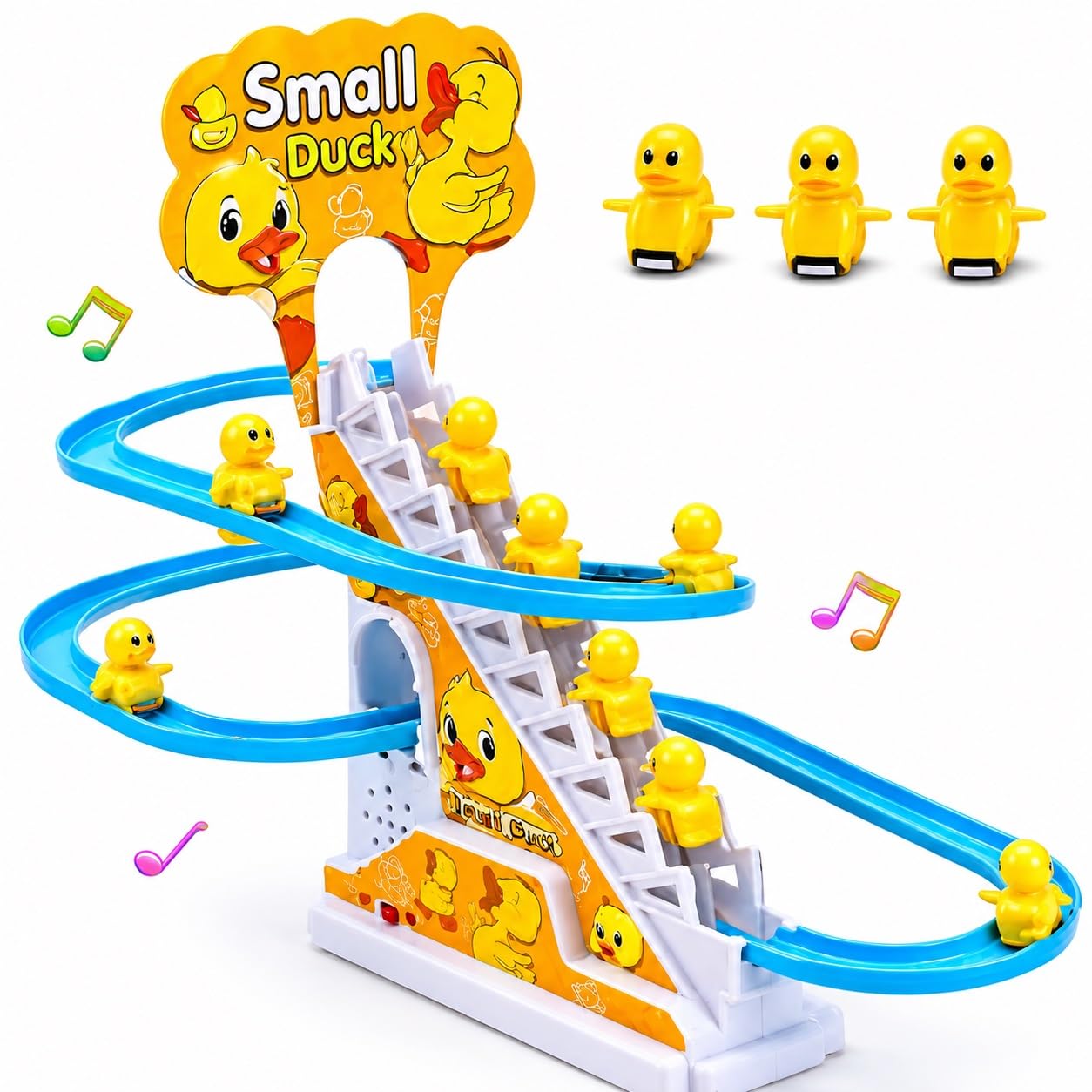 KmCho Duck Track Toy for Kids, Automatic Stair Climbing Duck Set with Flashing LED Lights & Music, Cartoon Duck Escalator Race Track Toy, Educational Battery Operated Toy for Boys & Girls