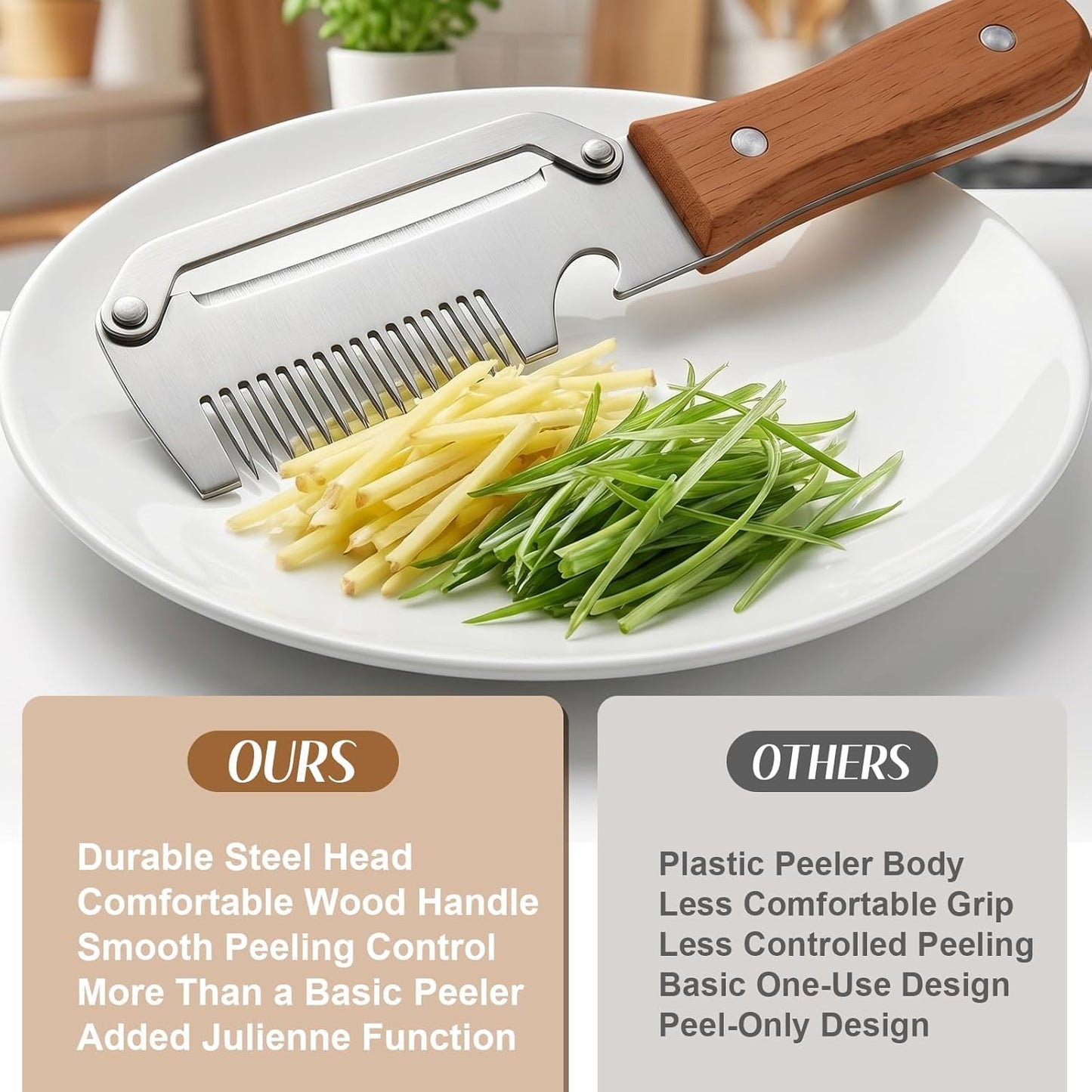 Vegetable Peeler with Wooden Handle, Stainless Steel Wide Blade Potato and Carrot Peeler, 3-in-1 Veggie Peeler with Scallion Shredder and Bottle Opener for Kitchen, Camping and Travel