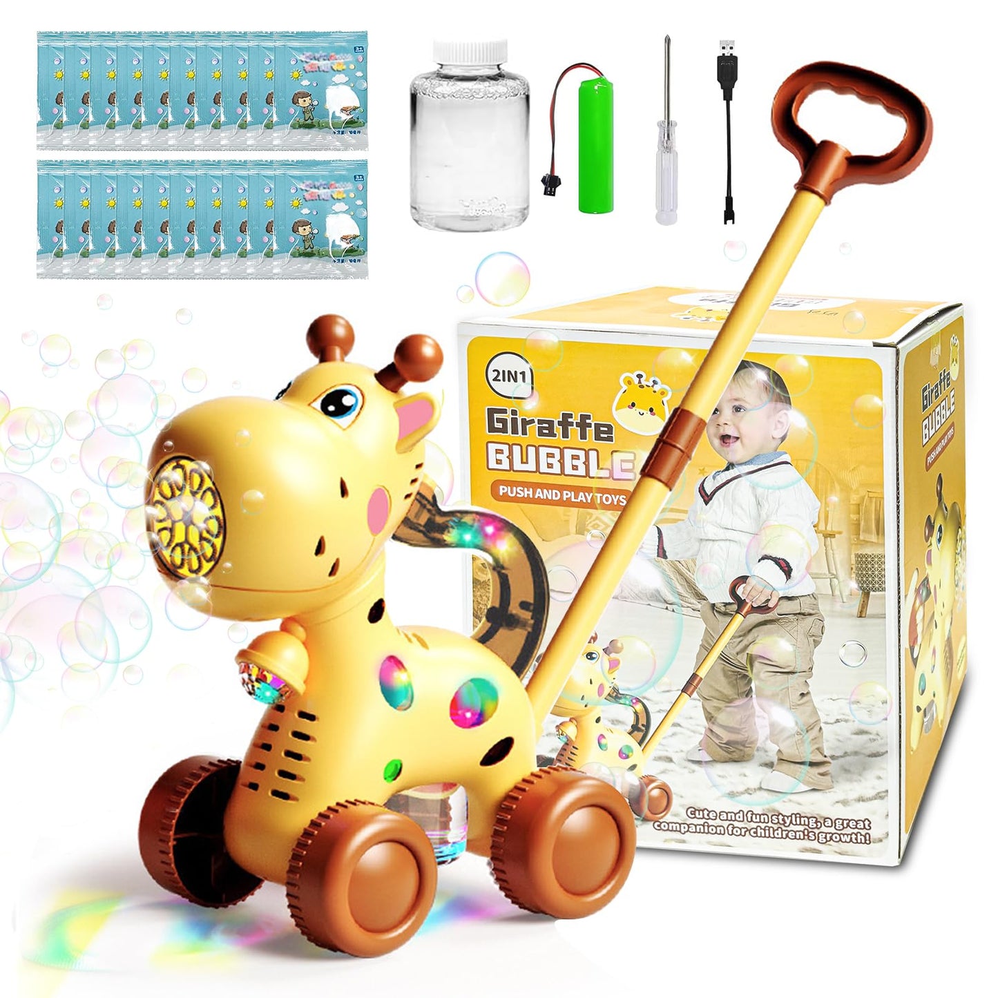 Automatic Bubble Machine, Soap Bubbles Lawn Mower for Children, Rechargeable Giraffe Bubble Machine, with Light, Lawn Mower, Outdoor Toy for Children