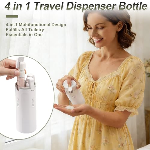 4 in 1 Travel Pump Dispenser Bottle, 30ml, 4 Pack Leakproof Pump Containers with Measuring Scale and Label Stickers, Portable Bottles for Toiletries, Shower and Travel, Green