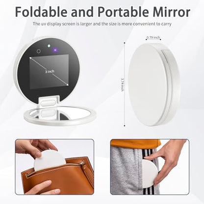 Compact Smart UV Camera UV Mirror for Sunscreen Test, 3 Inch Travel Makeup Mirror with lights and magnification ,Rechargeable Handheld Double-Sided Pocket Mirror for Skin Protection (Clear White)