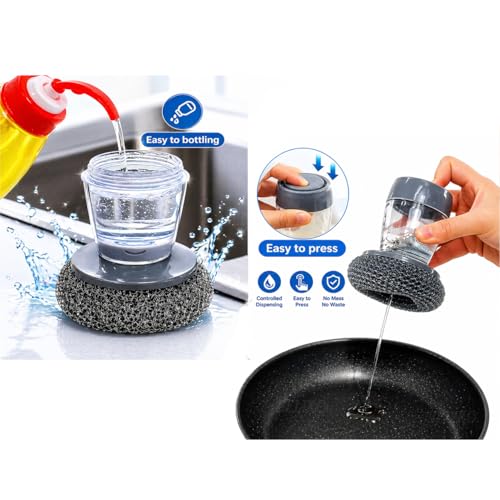 BELIKO 2-in-1 Soap Dispensing Palm Brush | Dishwashing Scrubber with Liquid Dispenser, Replaceable Steel Wire Ball & Sponge | Non-Slip Handle, Kitchen Cleaning Brush for Pots, Pans & Sink (1)
