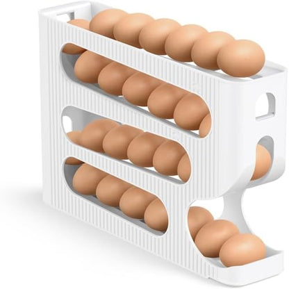 Egg Dispenser for Refrigerator, 4 Tier Automatic Rolling Egg Holder, 30 Eggs Capacity Egg Organizer Tray, Space Saving Egg Storage Box for Fridge Kitchen (White)