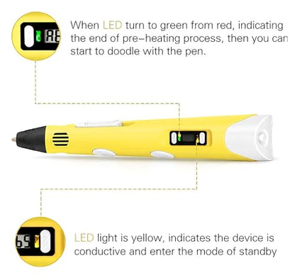 VGRASSP 3D Drawing Pen Toy for Kids with Temperature Control LCD Display - USB Powered STEM Craft Modeling Toy with 3 PLA Filaments and Pen Stand - Color As Per Stock