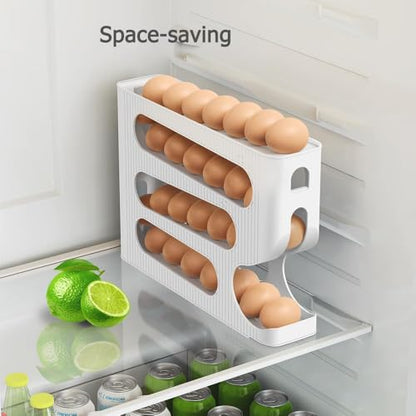 Egg Dispenser for Refrigerator, 4 Tier Automatic Rolling Egg Holder, 30 Eggs Capacity Egg Organizer Tray, Space Saving Egg Storage Box for Fridge Kitchen (White)