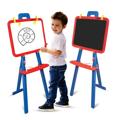 Amazon Brand - Jam & Honey 5-in-1 Kids Easel Board 4+ Years, Double-Sided Magnetic Whiteboard & Chalkboard with Alphabets & Numbers, Educational Art Learning Toy, BIS Certified Child Safe, Blue & Red
