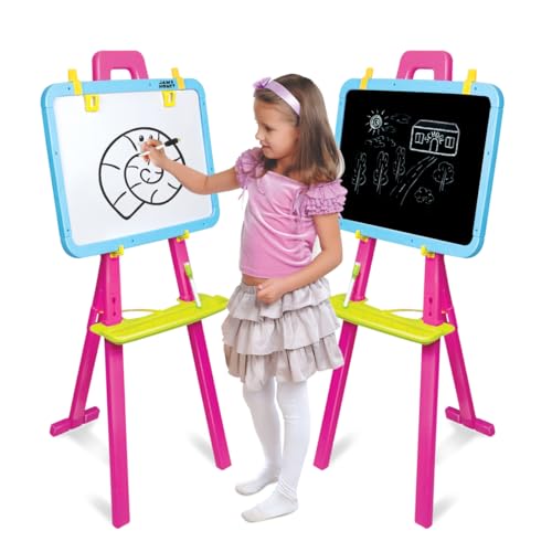 Amazon Brand - Jam & Honey 5-in-1 Kids Easel Board 4+ Years, Double-Sided Magnetic Whiteboard & Chalkboard with Alphabets & Numbers, Educational Art Learning Toy, BIS Certified Child Safe, Blue & Red