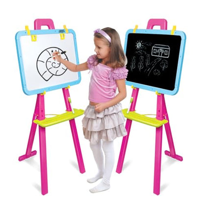 Amazon Brand - Jam & Honey 5-in-1 Kids Easel Board 4+ Years, Double-Sided Magnetic Whiteboard & Chalkboard with Alphabets & Numbers, Educational Art Learning Toy, BIS Certified Child Safe, Blue & Red