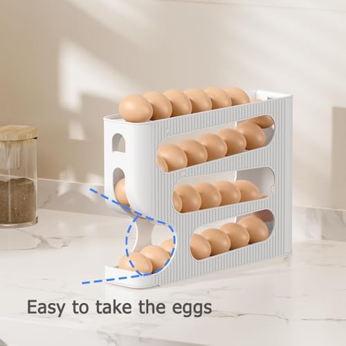 Egg Dispenser for Refrigerator, 4 Tier Automatic Rolling Egg Holder, 30 Eggs Capacity Egg Organizer Tray, Space Saving Egg Storage Box for Fridge Kitchen (White)