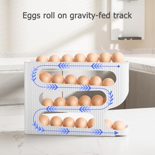 Egg Dispenser for Refrigerator, 4 Tier Automatic Rolling Egg Holder, 30 Eggs Capacity Egg Organizer Tray, Space Saving Egg Storage Box for Fridge Kitchen (White)