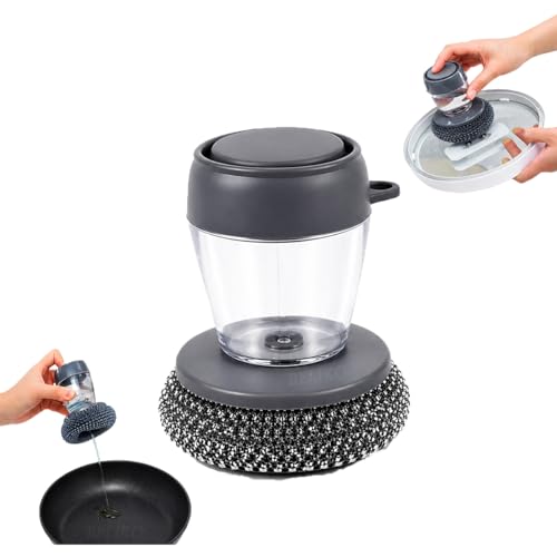 BELIKO 2-in-1 Soap Dispensing Palm Brush | Dishwashing Scrubber with Liquid Dispenser, Replaceable Steel Wire Ball & Sponge | Non-Slip Handle, Kitchen Cleaning Brush for Pots, Pans & Sink (1)