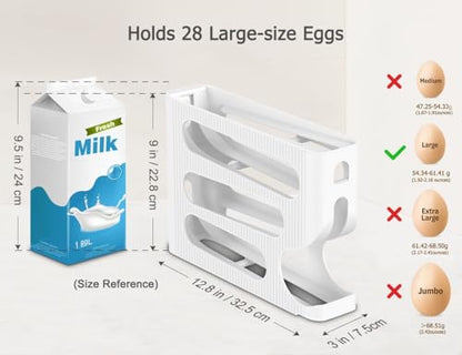 Egg Dispenser for Refrigerator, 4 Tier Automatic Rolling Egg Holder, 30 Eggs Capacity Egg Organizer Tray, Space Saving Egg Storage Box for Fridge Kitchen (White)