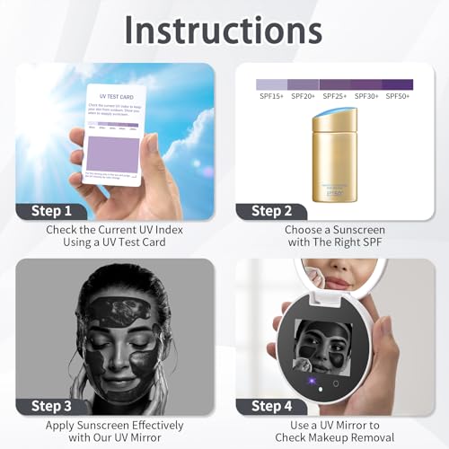 Compact Smart UV Camera UV Mirror for Sunscreen Test, 3 Inch Travel Makeup Mirror with lights and magnification ,Rechargeable Handheld Double-Sided Pocket Mirror for Skin Protection (Clear White)