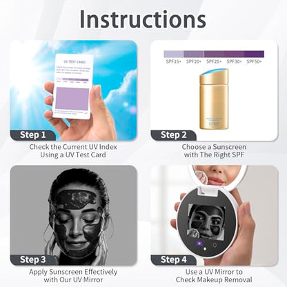 Compact Smart UV Camera UV Mirror for Sunscreen Test, 3 Inch Travel Makeup Mirror with lights and magnification ,Rechargeable Handheld Double-Sided Pocket Mirror for Skin Protection (Clear White)