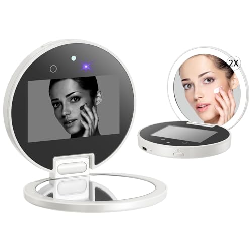 Compact Smart UV Camera UV Mirror for Sunscreen Test, 3 Inch Travel Makeup Mirror with lights and magnification ,Rechargeable Handheld Double-Sided Pocket Mirror for Skin Protection (Clear White)