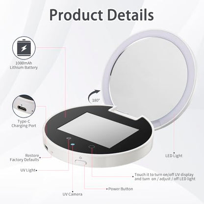 Compact Smart UV Camera UV Mirror for Sunscreen Test, 3 Inch Travel Makeup Mirror with lights and magnification ,Rechargeable Handheld Double-Sided Pocket Mirror for Skin Protection (Clear White)