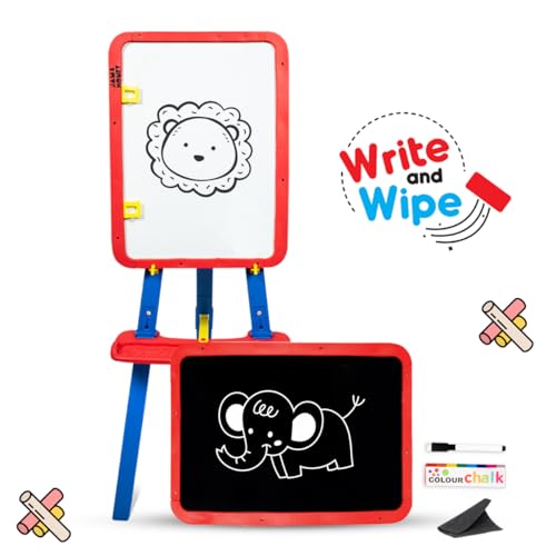 Amazon Brand - Jam & Honey 5-in-1 Kids Easel Board 4+ Years, Double-Sided Magnetic Whiteboard & Chalkboard with Alphabets & Numbers, Educational Art Learning Toy, BIS Certified Child Safe, Blue & Red