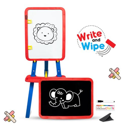 Amazon Brand - Jam & Honey 5-in-1 Kids Easel Board 4+ Years, Double-Sided Magnetic Whiteboard & Chalkboard with Alphabets & Numbers, Educational Art Learning Toy, BIS Certified Child Safe, Blue & Red