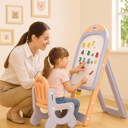 Amazon Brand - Jam & Honey 5-in-1 Kids Easel Board 4+ Years, Double-Sided Magnetic Whiteboard & Chalkboard with Alphabets & Numbers, Educational Art Learning Toy, BIS Certified Child Safe, Blue & Red
