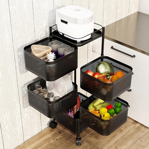 Livzing 5-Layer 360° Revolving Kitchen Storage Trolley with Wheels | Kitchen Trolley Organizer | Kitchen Trolley Storage Rack | Metal Trolley for Kitchen Storage & Vegetables
