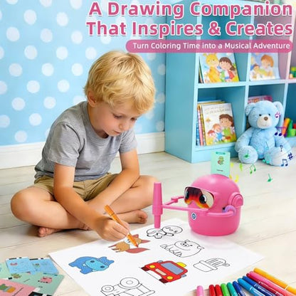 ADKD Interactive Kids Drawing Robot Toy | Early Educational Learning Assistant with 100 Flash Cards & 2 Pens, Step-by-Step Drawing, Fun Creativity Booster for Boys & Girls (Pink)