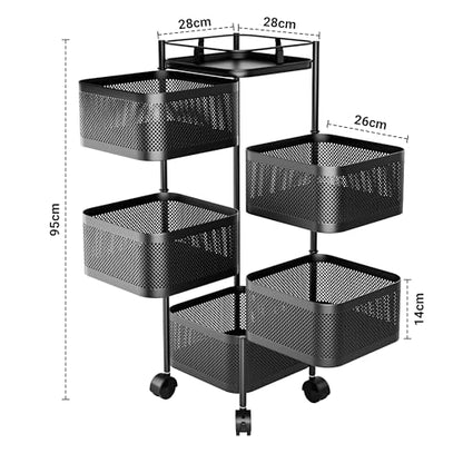 Livzing 5-Layer 360° Revolving Kitchen Storage Trolley with Wheels | Kitchen Trolley Organizer | Kitchen Trolley Storage Rack | Metal Trolley for Kitchen Storage & Vegetables