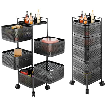 Livzing 5-Layer 360° Revolving Kitchen Storage Trolley with Wheels | Kitchen Trolley Organizer | Kitchen Trolley Storage Rack | Metal Trolley for Kitchen Storage & Vegetables