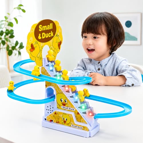 KmCho Duck Track Toy for Kids, Automatic Stair Climbing Duck Set with Flashing LED Lights & Music, Cartoon Duck Escalator Race Track Toy, Educational Battery Operated Toy for Boys & Girls