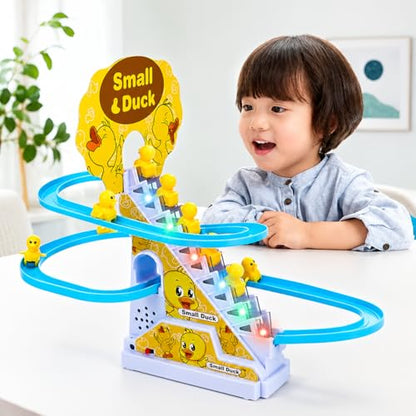 KmCho Duck Track Toy for Kids, Automatic Stair Climbing Duck Set with Flashing LED Lights & Music, Cartoon Duck Escalator Race Track Toy, Educational Battery Operated Toy for Boys & Girls