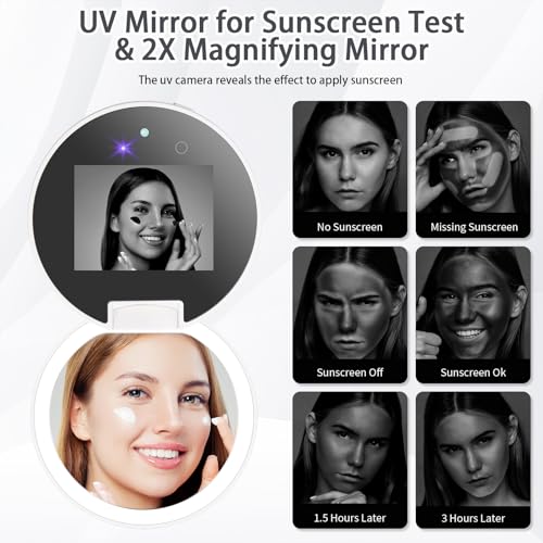 Compact Smart UV Camera UV Mirror for Sunscreen Test, 3 Inch Travel Makeup Mirror with lights and magnification ,Rechargeable Handheld Double-Sided Pocket Mirror for Skin Protection (Clear White)