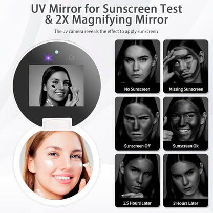 Compact Smart UV Camera UV Mirror for Sunscreen Test, 3 Inch Travel Makeup Mirror with lights and magnification ,Rechargeable Handheld Double-Sided Pocket Mirror for Skin Protection (Clear White)