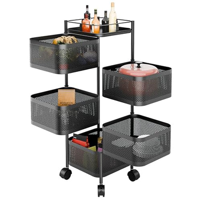 Livzing 5-Layer 360° Revolving Kitchen Storage Trolley with Wheels | Kitchen Trolley Organizer | Kitchen Trolley Storage Rack | Metal Trolley for Kitchen Storage & Vegetables
