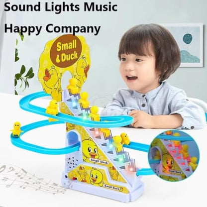 Slide Toy Race Duck Track Set, Funny Automatic Stair-Climbing Ducklings Cartoon Roller Coaster Escalator Toy with Flashing Lights & Music