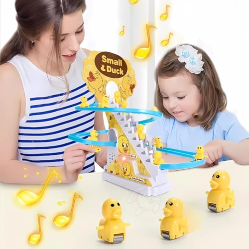 Slide Toy Race Duck Track Set, Funny Automatic Stair-Climbing Ducklings Cartoon Roller Coaster Escalator Toy with Flashing Lights & Music