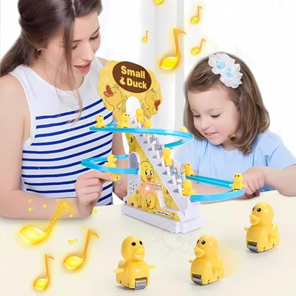 Slide Toy Race Duck Track Set, Funny Automatic Stair-Climbing Ducklings Cartoon Roller Coaster Escalator Toy with Flashing Lights & Music