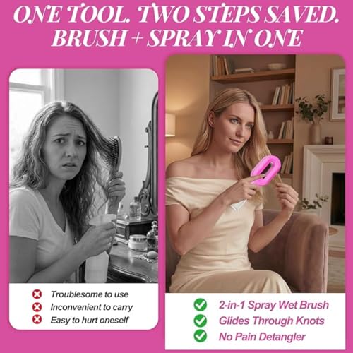 2-in-1 Spray Comb for Hair, Water Spray Detangling Brush with Built-In Mist Bottle, Anti-Frizz Wet Hair Brush for Men, Women & Kids Ideal for Long, Thick & Curly Hair