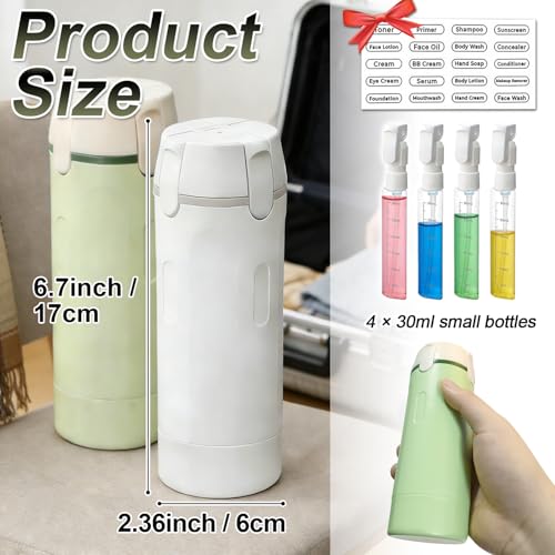 4 in 1 Travel Pump Dispenser Bottle, 30ml, 4 Pack Leakproof Pump Containers with Measuring Scale and Label Stickers, Portable Bottles for Toiletries, Shower and Travel, Green