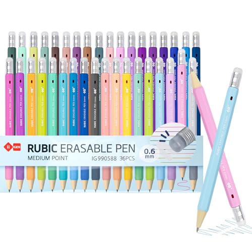 RUBIC 0.6mm Erasable Gel Pens 36 Assorted colors, School & Planner | Retractable twist, Hexagon Barrel, Medium Point, Ideal for Drawing, Writing and Journaling, School & Office Supplies