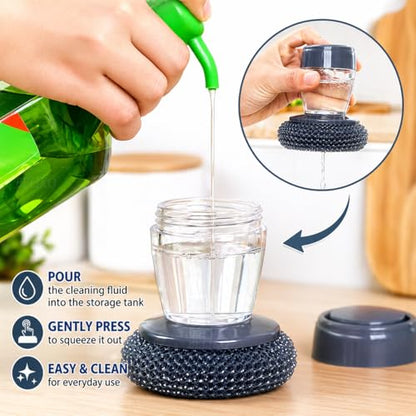 BELIKO 2-in-1 Soap Dispensing Palm Brush | Dishwashing Scrubber with Liquid Dispenser, Replaceable Steel Wire Ball & Sponge | Non-Slip Handle, Kitchen Cleaning Brush for Pots, Pans & Sink (1)