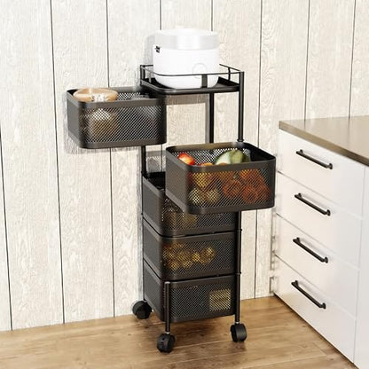 Livzing 5-Layer 360° Revolving Kitchen Storage Trolley with Wheels | Kitchen Trolley Organizer | Kitchen Trolley Storage Rack | Metal Trolley for Kitchen Storage & Vegetables
