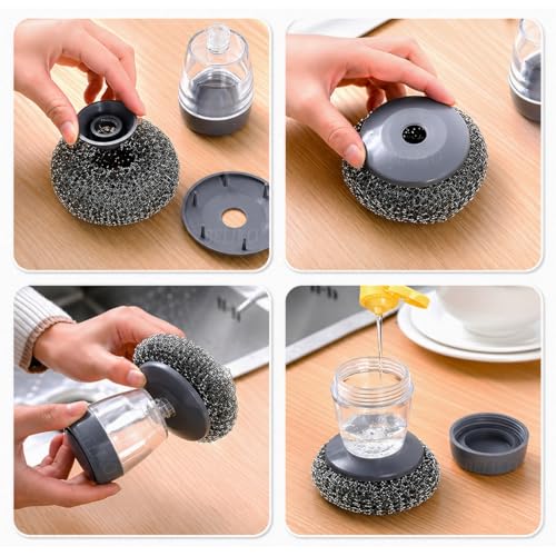 BELIKO 2-in-1 Soap Dispensing Palm Brush | Dishwashing Scrubber with Liquid Dispenser, Replaceable Steel Wire Ball & Sponge | Non-Slip Handle, Kitchen Cleaning Brush for Pots, Pans & Sink (1)