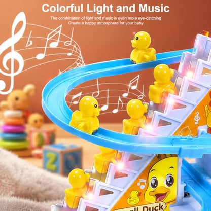 KmCho Duck Track Toy for Kids, Automatic Stair Climbing Duck Set with Flashing LED Lights & Music, Cartoon Duck Escalator Race Track Toy, Educational Battery Operated Toy for Boys & Girls