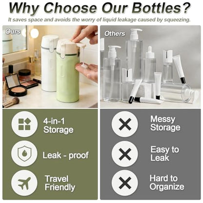 4 in 1 Travel Pump Dispenser Bottle, 30ml, 4 Pack Leakproof Pump Containers with Measuring Scale and Label Stickers, Portable Bottles for Toiletries, Shower and Travel, Green