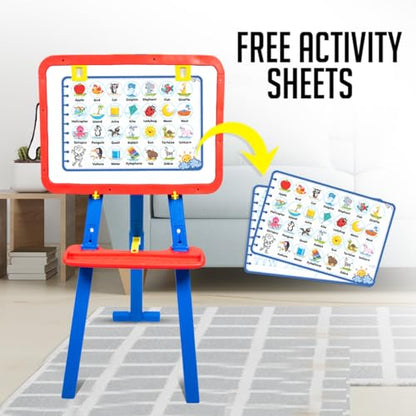 Amazon Brand - Jam & Honey 5-in-1 Kids Easel Board 4+ Years, Double-Sided Magnetic Whiteboard & Chalkboard with Alphabets & Numbers, Educational Art Learning Toy, BIS Certified Child Safe, Blue & Red