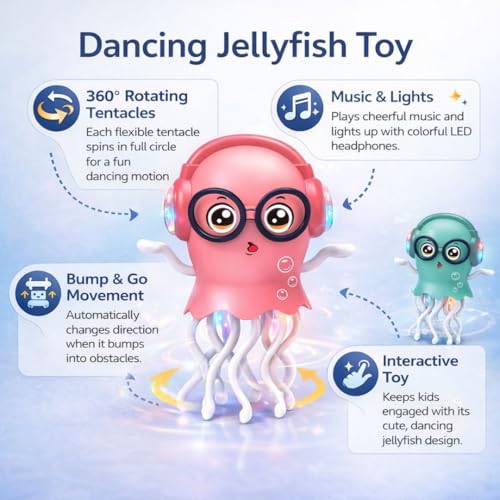 Dancing Jellyfish Toy for Kids with Music, LED Lights & 360° Bump-and-Go Action | Battery Operated Dancing Octopus Toy with Obstacle Sensor | Cute Jelly Fish Toys for Kids (Random Colour)
