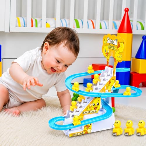 KmCho Duck Track Toy for Kids, Automatic Stair Climbing Duck Set with Flashing LED Lights & Music, Cartoon Duck Escalator Race Track Toy, Educational Battery Operated Toy for Boys & Girls