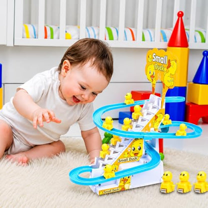 KmCho Duck Track Toy for Kids, Automatic Stair Climbing Duck Set with Flashing LED Lights & Music, Cartoon Duck Escalator Race Track Toy, Educational Battery Operated Toy for Boys & Girls