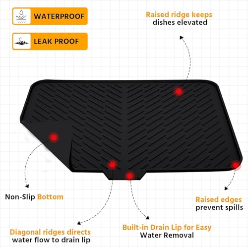 Fayleeko Silicone Dish Drying Mat for Kitchen Counter Heat Resistant, Non-Slip, Built-in Drain Lip Kitchen Sink Mat 23×17 inch (Black, Large)