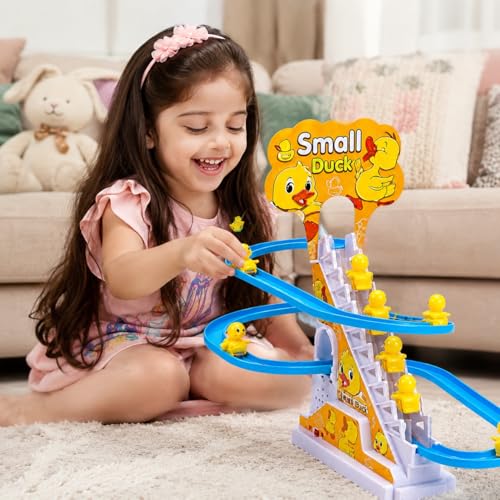 KmCho Duck Track Toy for Kids, Automatic Stair Climbing Duck Set with Flashing LED Lights & Music, Cartoon Duck Escalator Race Track Toy, Educational Battery Operated Toy for Boys & Girls